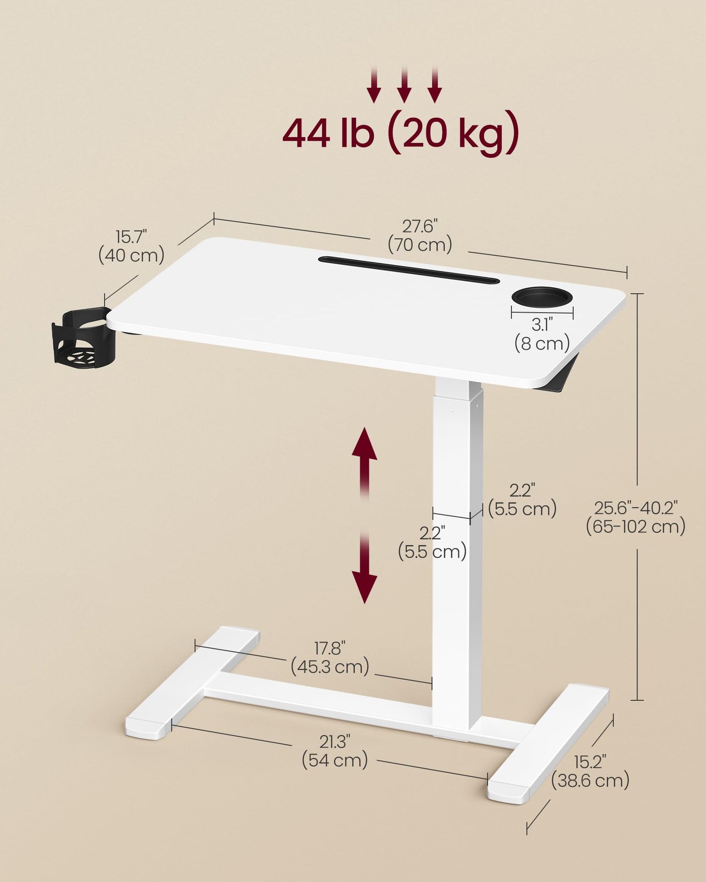 VASAGLE Overbed Table with Wheels, Mobile Standing Computer Desk, 27.6 x 15.7 Inches Tabletop, Adjustable Height, 2 Cup Holders, Phone and Tablet Slot, Cloud White ULSD600W01
