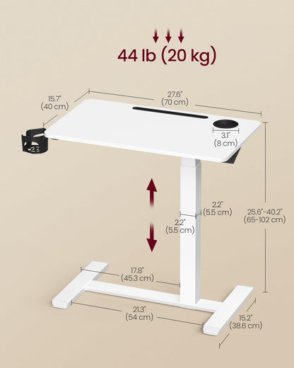 VASAGLE Overbed Table with Wheels, Mobile Standing Computer Desk, 27.6 x 15.7 Inches Tabletop, Adjustable Height, 2 Cup Holders, Phone and Tablet Slot, Cloud White ULSD600W01
