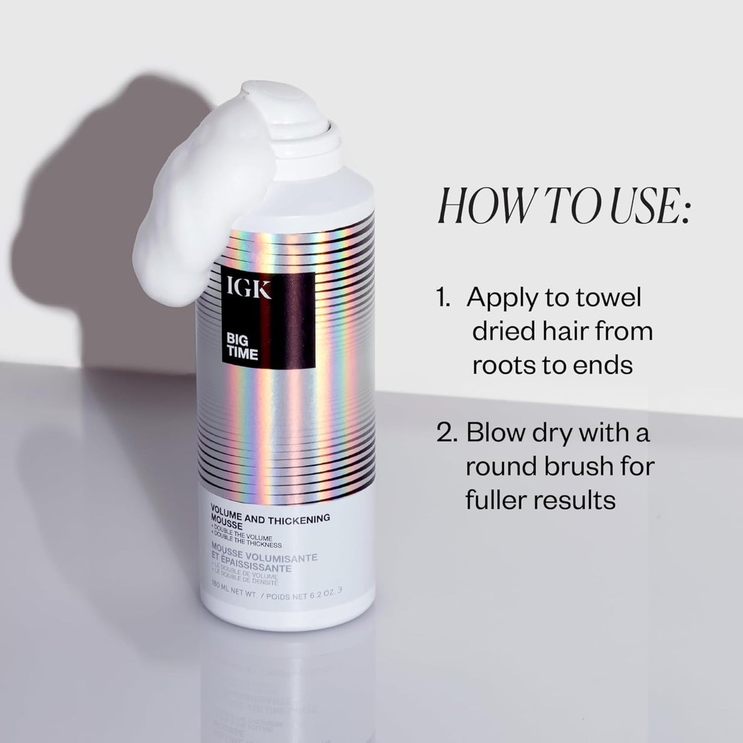 IGK BIG TIME Volume & Thickening Mousse | Flexible Hold Volumizing Styling Foam for Fine, Flat or Curly Hair | Lightweight Body, Frizz Control & Heat Protection | Vegan + Cruelty Free | 6.2 Oz
