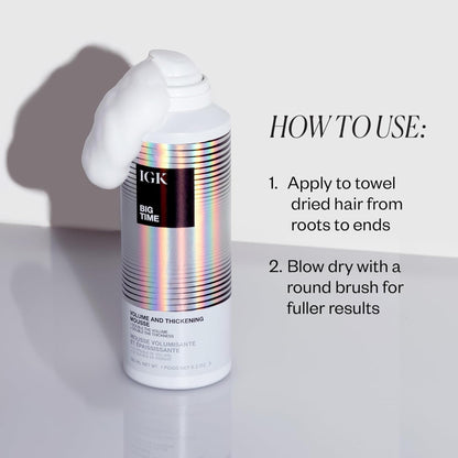 IGK BIG TIME Volume & Thickening Mousse | Flexible Hold Volumizing Styling Foam for Fine, Flat or Curly Hair | Lightweight Body, Frizz Control & Heat Protection | Vegan + Cruelty Free | 6.2 Oz