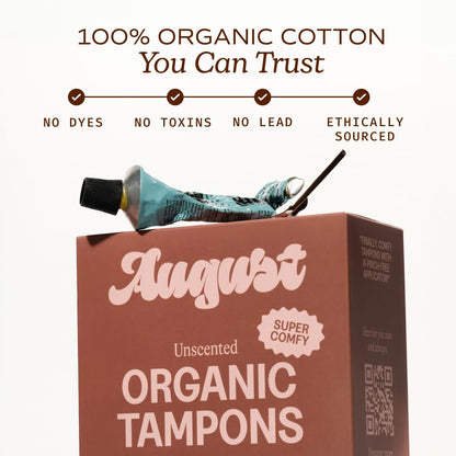 August Super Tampons - 24-Pack 100% Organic Cotton Tampons for Women and Anyone Who Menstruates, Non-Toxic, Fragrance-Free, and Hypoallergenic with Long Applicators