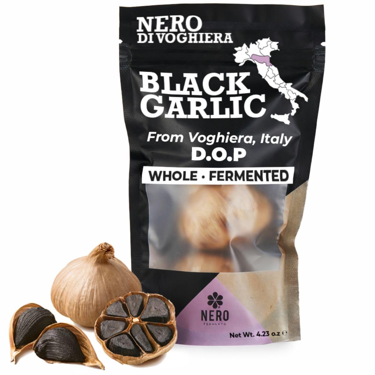 NERO FERMENTO Italian Black Garlic (from Voghiera, Italy), DOP Certification, 60-Day Aged, 4.23 oz (3-4 bulbs), Whole Fermented Black Garlic, Gourmet Superfood.