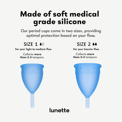 Lunette Menstrual Cup Reusable BPA Free Period Cup with 12-Hour Leak Free Comfort - Soft 100% Medical-Grade Silicone - Eco-Friendly Pad & Tampon Alternative – Vegan - Made in Finland - Size 2 Blue