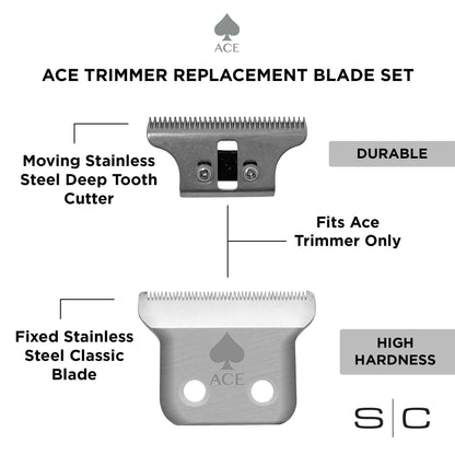 StyleCraft Replacement Fixed Stainless Steel Classic Hair Trimmer Blade with Moving Stainless Steel Deep Cutter, Fits Ace Trimmer Model Only
