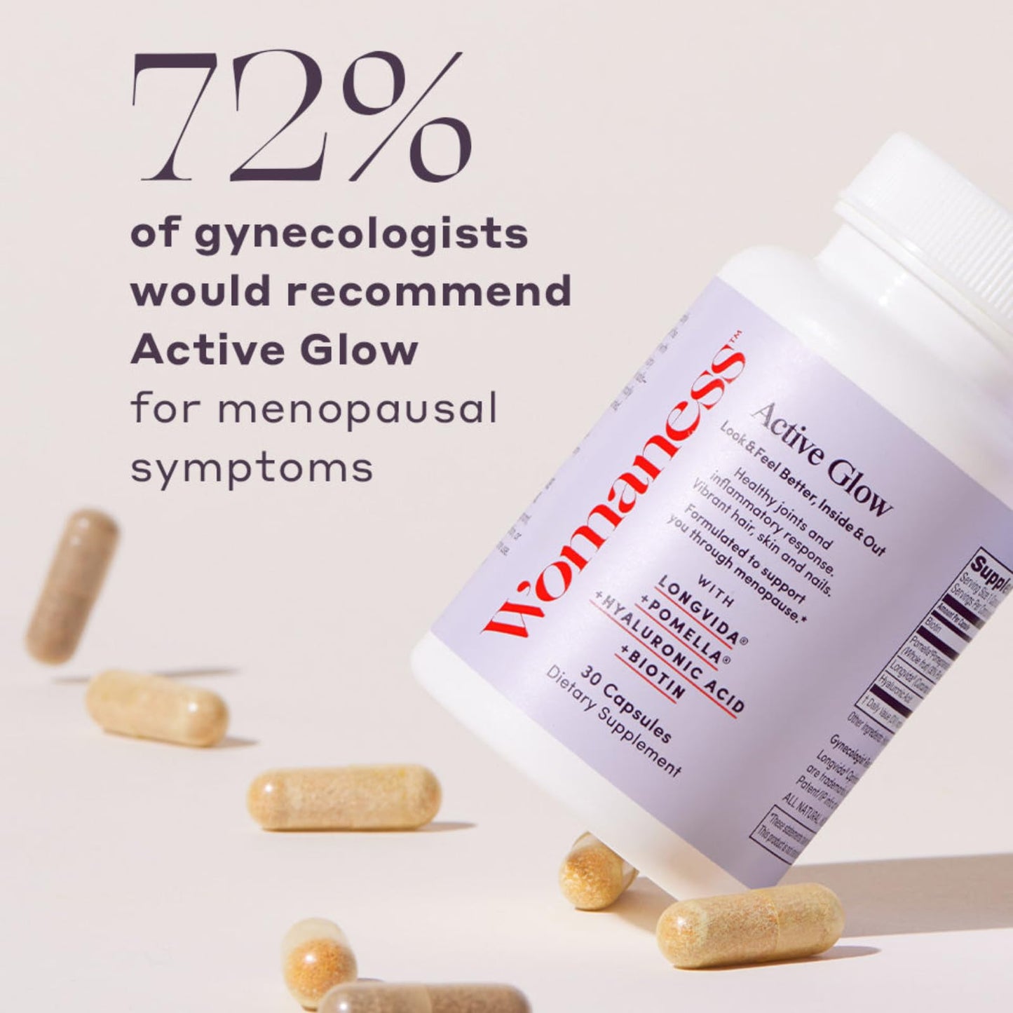 Womaness Active Glow Hair Skin and Nails Vitamins for Women - Hair Growth Vitamins with Hyaluronic Acid - Biotin and Curcumin - Nail Care, Joint Support and Glow Supplements for Dry Skin - 30 Capsules