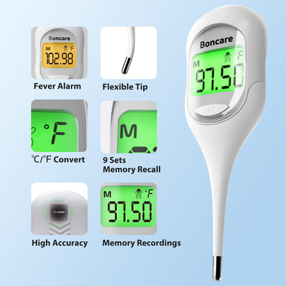 Boncare 9 Seconds Basal Body Thermometer for Ovulation, Oral Thermometer for Adults and Kids - Accurate Rectal Thermometer, with Fever Alarm and Large Display (Rice-White)