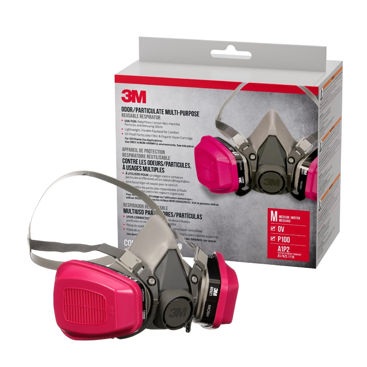 3M P100/OV Odor/Particulate Multi-Purpose Reusable Respirator 65021, NIOSH-APPROVED Organic Vapor Cartridge, Medium