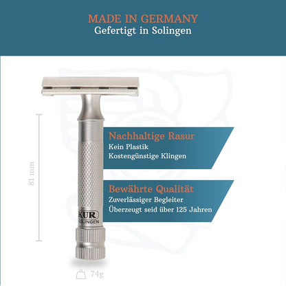 MERKUR Stainless Steel Safety Razor Set 34 INOX |Includes Premium Safety Razor, Leather Case and 10 x Platinum Blades | Satin Matt | Closed Comb | Ideal for Wet Shaving | Made in Germany