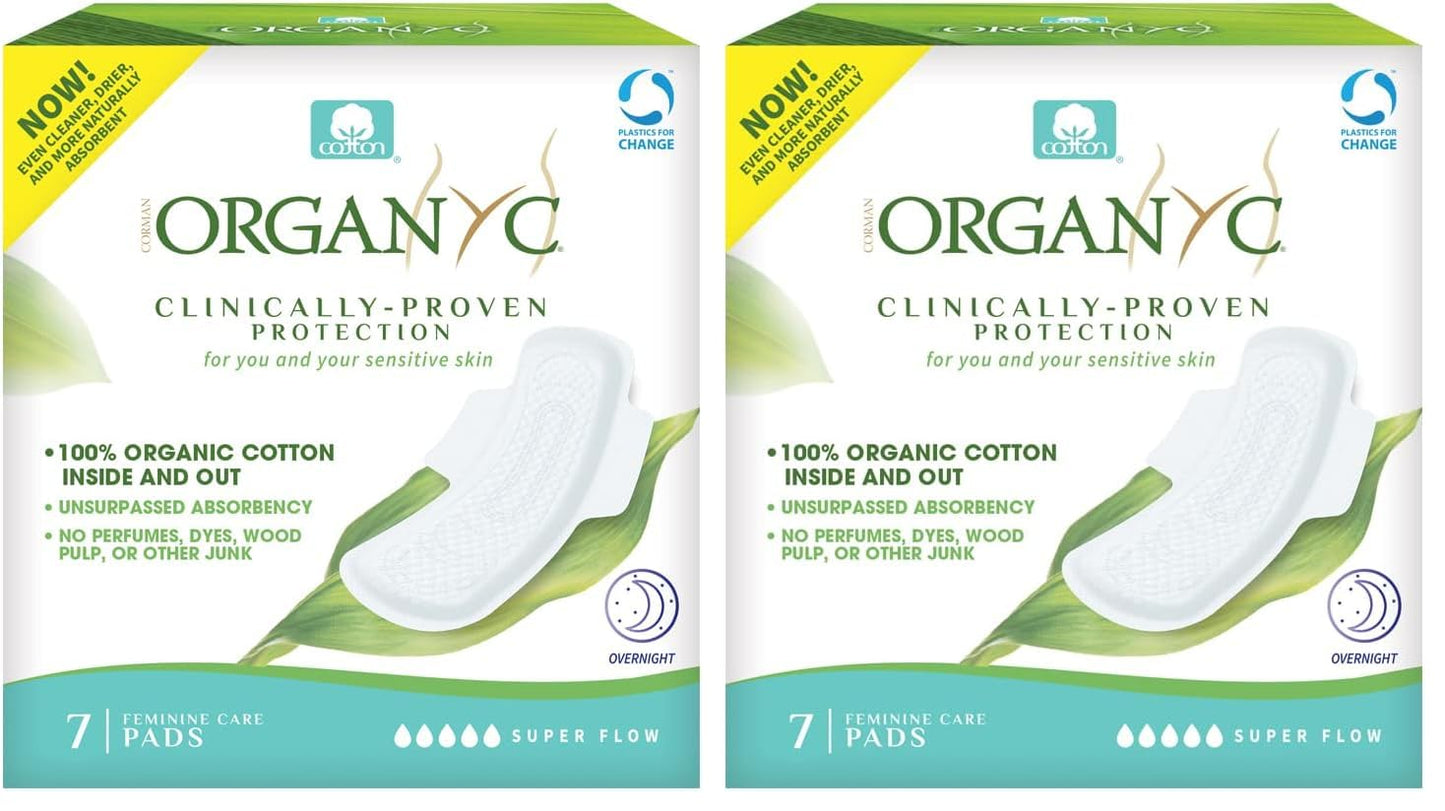 Organyc New and Improved 100% Certified Organic Cotton Overnight Feminine Pads, Heaviest Flow, Super Absorbency 2.0, 7 Count (Pack of 2)