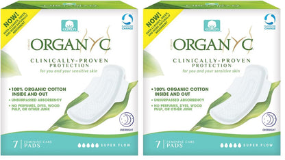 Organyc New and Improved 100% Certified Organic Cotton Overnight Feminine Pads, Heaviest Flow, Super Absorbency 2.0, 7 Count (Pack of 2)