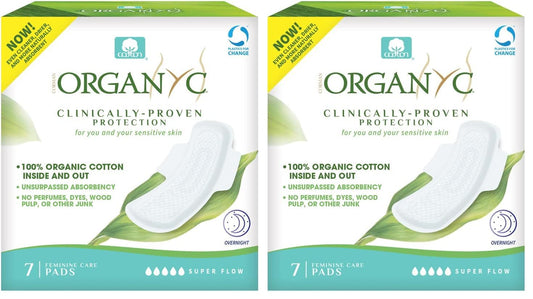Organyc New and Improved 100% Certified Organic Cotton Overnight Feminine Pads, Heaviest Flow, Super Absorbency 2.0, 7 Count (Pack of 2)