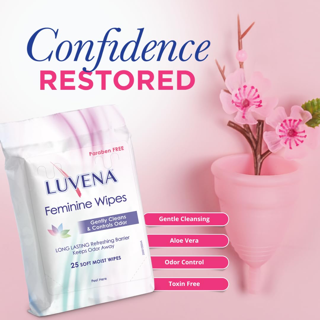 Luvena Feminine Wipes for Women — pH Balanced, Dermatologist Tested, Gentle Intimate Cleansing Cloths, Cucumber Scented, Travel Size (25 Count, 1 Pack)