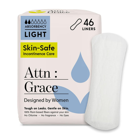 Attn: Grace Panty Liners for Women - 46 Liners – for Light Urinary Incontinence, Bladder Leakage or Postpartum - 100% Breathable & Plant-Based Materials Active Odor Control - Free from Harsh Chemicals