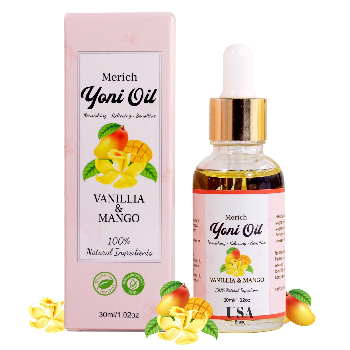 MERICH Natural Yoni Oil for Women | pH Balancing Vaginal Detox Oil, Vanilla & Mango | Rejuvenating Formula for Dark Spots & Ingrown Hair | Odor Eliminator & Gentle Cleansing Feminine Care | 1 oz