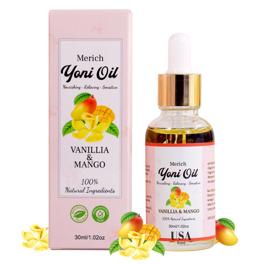MERICH Natural Yoni Oil for Women | pH Balancing Vaginal Detox Oil, Vanilla & Mango | Rejuvenating Formula for Dark Spots & Ingrown Hair | Odor Eliminator & Gentle Cleansing Feminine Care | 1 oz