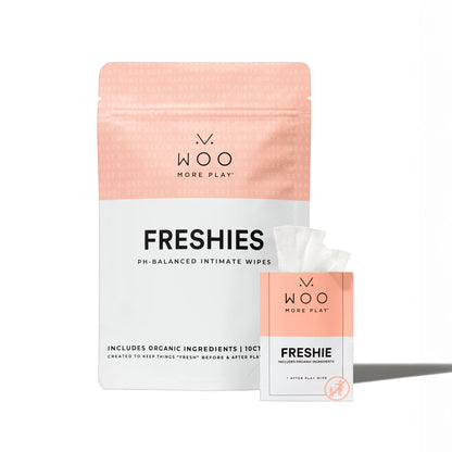 Woo More Play Freshies: All-Natural Feminine Intimacy Towelette Wipes with Coconut Oil and Aloe Vera, Promotes Feminine Health & Helps Alleviate Irritation - Vegan and Cruelty Free, 10ct