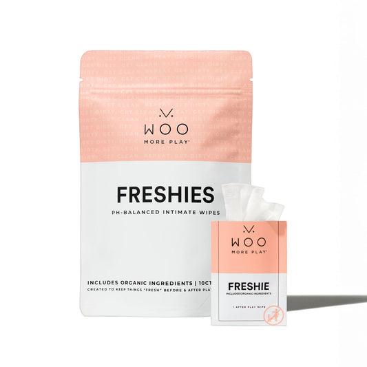Woo More Play Freshies: All-Natural Feminine Intimacy Towelette Wipes with Coconut Oil and Aloe Vera, Promotes Feminine Health & Helps Alleviate Irritation - Vegan and Cruelty Free, 10ct