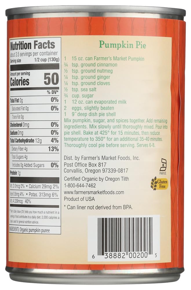 Farmer's Market Organic Canned Pumpkin -- 15 oz - 2 pc