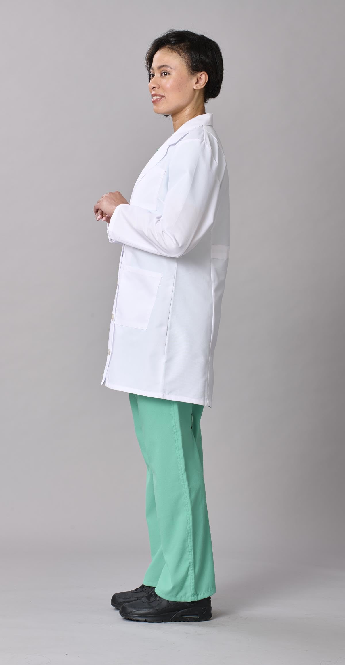 Medline Women's Lab Coat, Staff Length, 5-Button Front with Long Sleeves, 3 Functional Pockets & Reinforced Pen Pocket, Professional Medical Coat for Women, White, Small, 1 Count