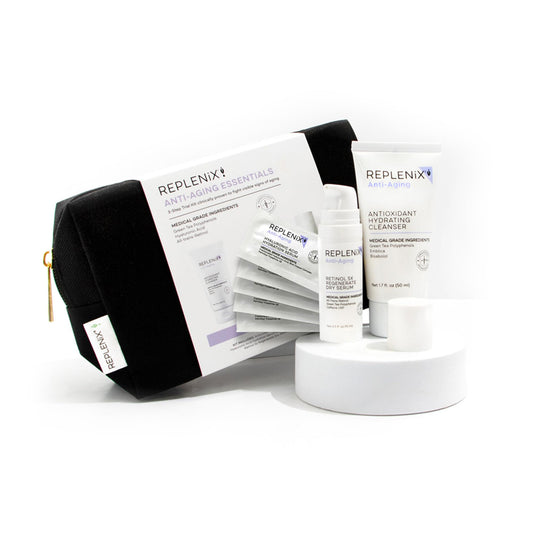 Replenix Anti-Aging Essentials 3 Step Trial Kit, Travel-Size Skincare Products for Mature Skin (Hyaluronic Acid Serum, Hydrating Cleanser, Retinol Serum), Cruelty and Paraben free