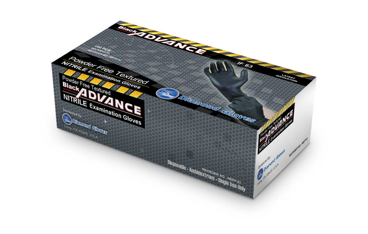 Diamond Gloves Black Advance Nitrile Examination Powder Free Gloves, Black, 6.3 mil, Heavy Duty, Medical Grade, 100/box