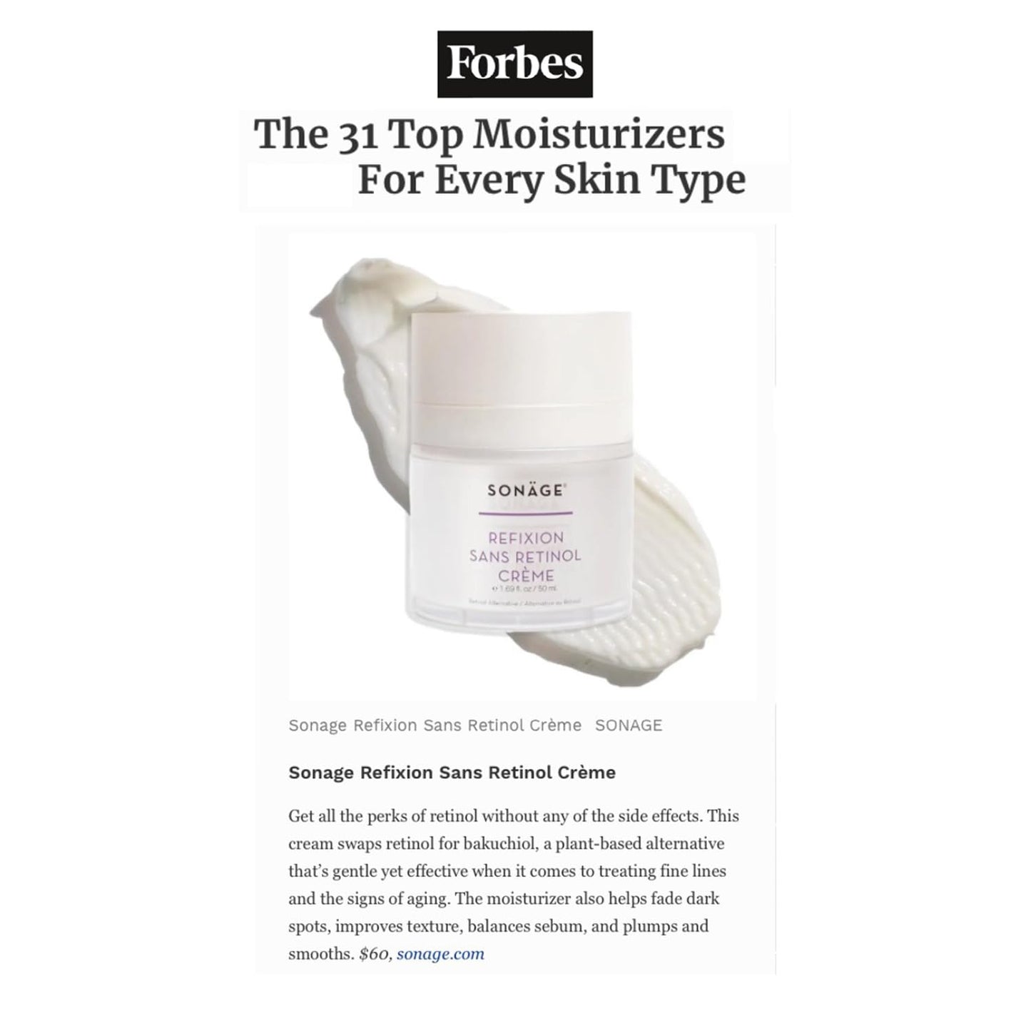 SONAGE Refixion Sans Retinol Cream | Bakuchiol Anti-Aging Moisturizer | Natural Retinol Alternative | Improves Skin Texture & Elasticity | Plant-Based Wrinkle Reducer