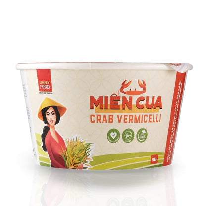 SIMPLY FOOD Instant Crab Glass Noodles (Miến Cua) - 9 BOWLS/ 55g each – Chewy, Clear Glass Vermicelli Noodles in a Seafood Crab Broth