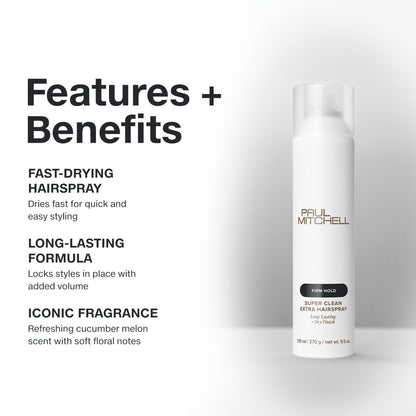 Paul Mitchell Super Clean Extra Hairspray, Long-Lasting, Firm Hold + Dry Finish, For All Hair Types