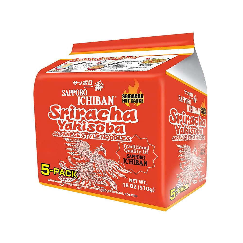Sriracha Yakisoba, Spicy Chow Mein, No. 1 Tasting Japanese Instant Noodles (3.6 Oz/102 g) (5 Packs)