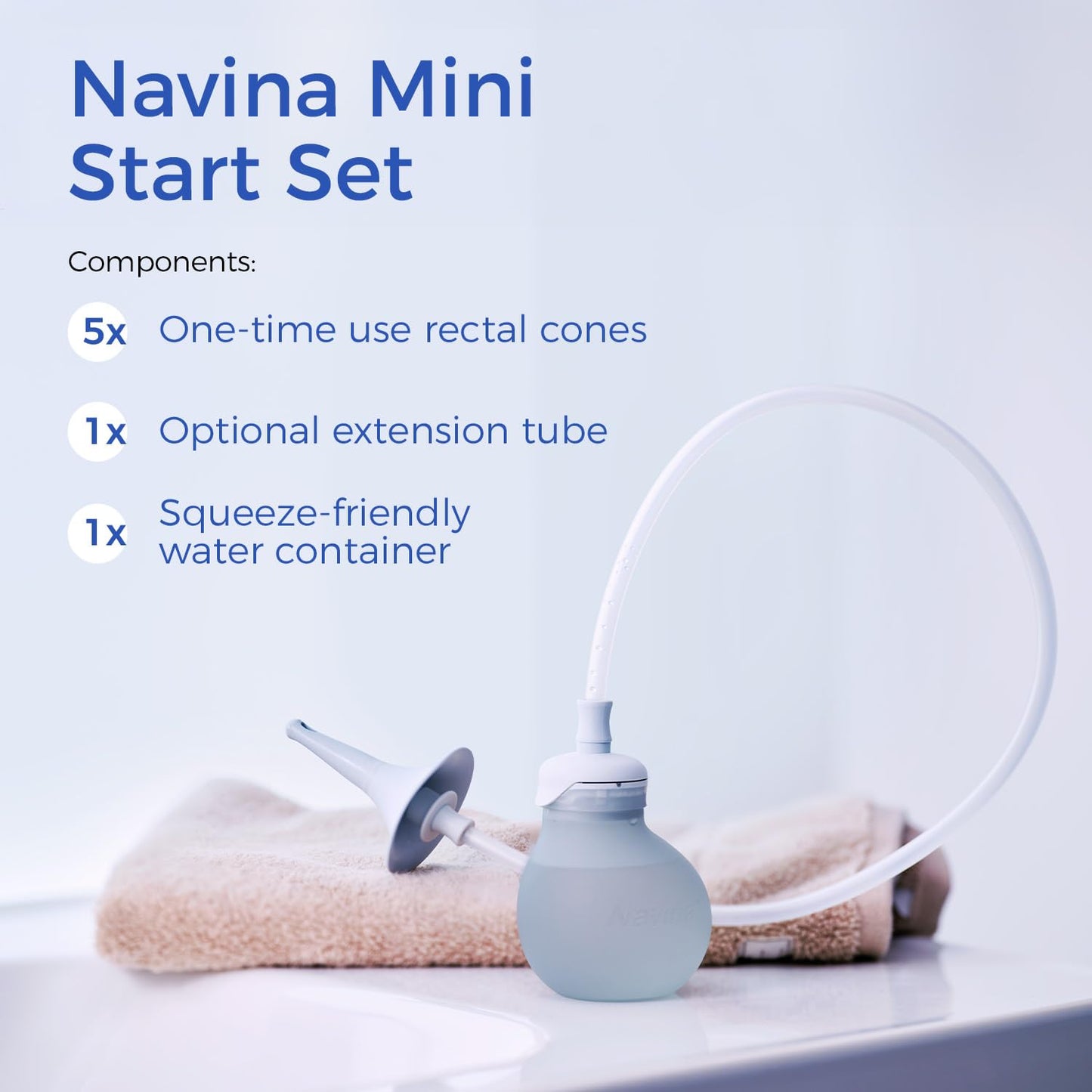 Navina Mini Start Set - Low-Volume Enema, Irrigation System for Instant Relief – Comfortable, Discreet, and Reusable - Includes 185ml Water Bulb, Extension Tube, and 5 Rectal Cones