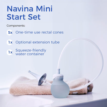 Navina Mini Start Set - Low-Volume Enema, Irrigation System for Instant Relief – Comfortable, Discreet, and Reusable - Includes 185ml Water Bulb, Extension Tube, and 5 Rectal Cones