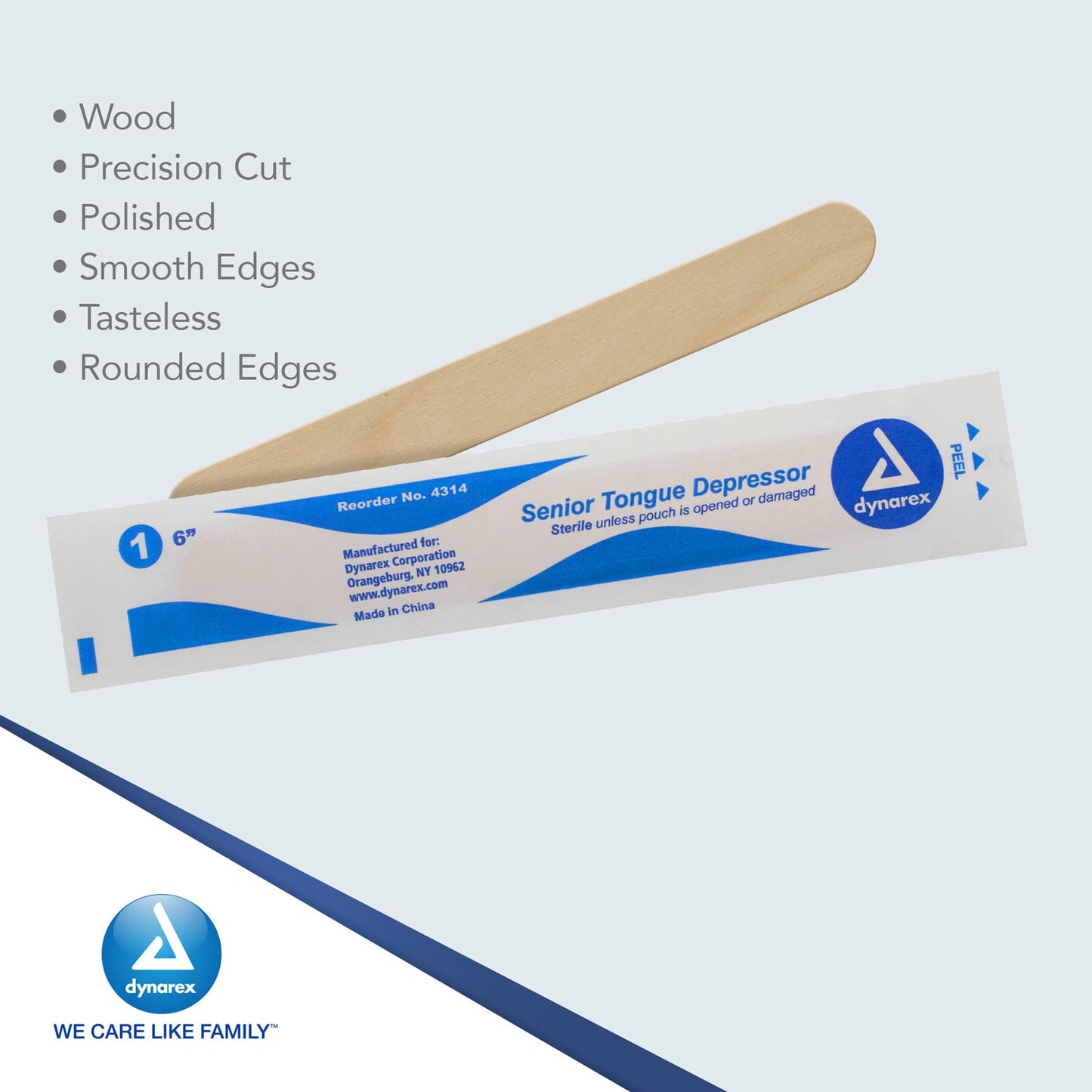 Dynarex Tongue Depressors, Sterile, 6" Senior-Sized Length, Made from Beige Birch Wood, Comes in Peel-Down Patches, 1 Box of 100
