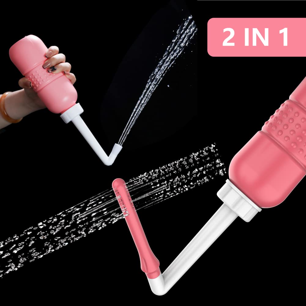 2PCS-Pack 2IN1 Intimate Wash for Women,2 Nozzle（Short+Long）,Portable Bidet Travel Bidets with Waterproof Cap + Storage Bag,Peri Bottle for Postpartum Care (Pink+Green)
