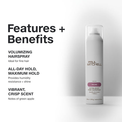 Paul Mitchell Extra-Body Firm Hairspray, Extreme Hold, Maximum Volume + Humidity Resistance, For Fine Hair, 9.5 oz