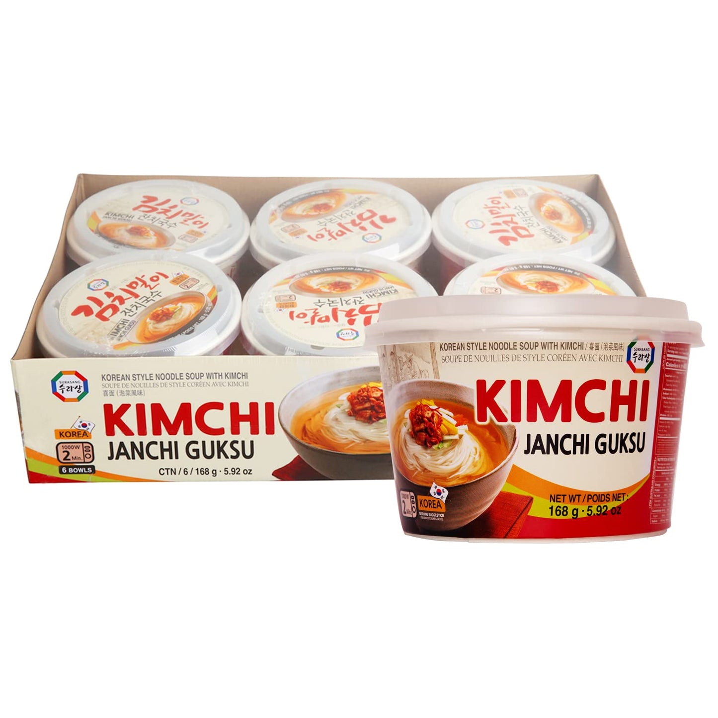 Surasang Kimchi Janchi Guksu Korean Thin Noodle Soup Bowl - Authentic Kimchi Broth, Non-Fried Noodles, Microwave Ready in 2 Minutes - 5.92 oz, Pack of 6