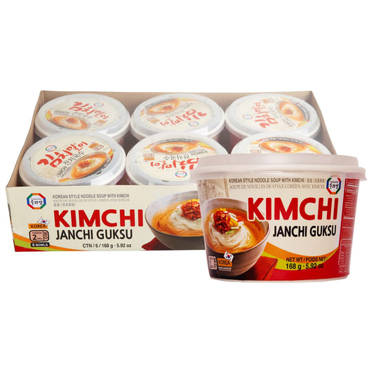 Surasang Kimchi Janchi Guksu Korean Thin Noodle Soup Bowl - Authentic Kimchi Broth, Non-Fried Noodles, Microwave Ready in 2 Minutes - 5.92 oz, Pack of 6