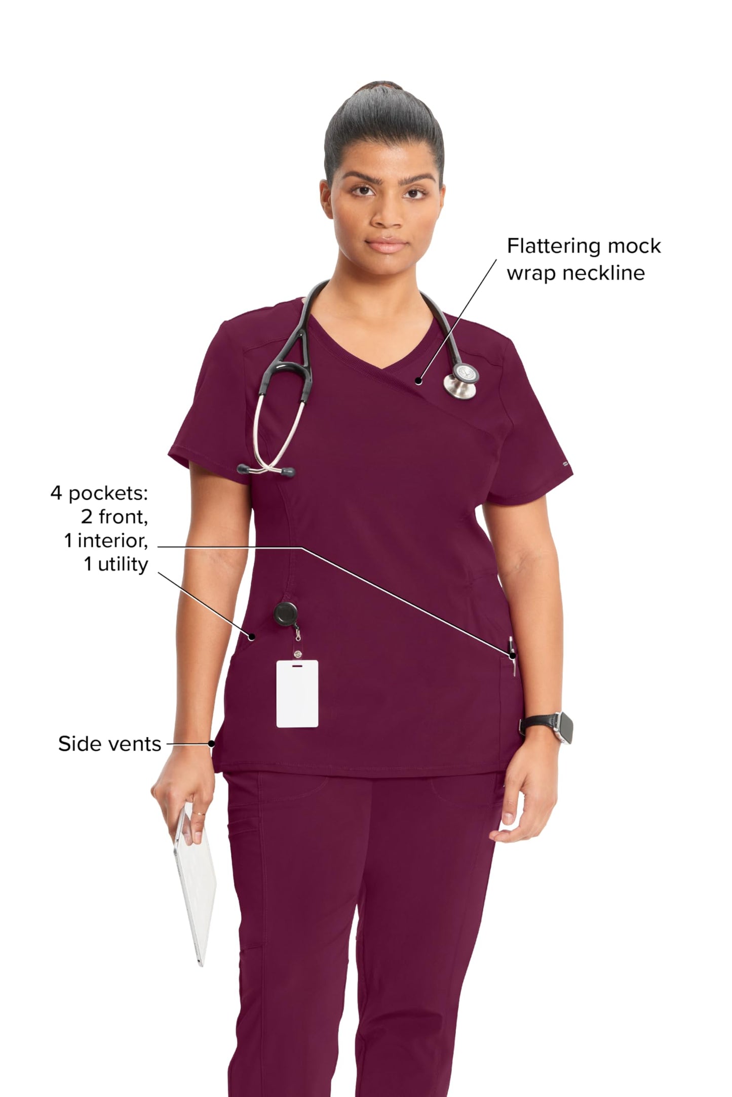 Cherokee Infinity Womens Mock Wrap Scrub Top, 4 Pockets, Rib-Knit Panel, Moisture-Wicking 360° Stretch - 2625A
