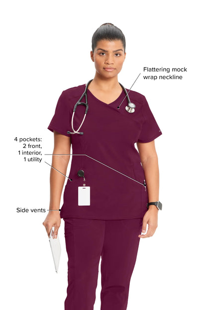 Cherokee Infinity Womens Mock Wrap Scrub Top, 4 Pockets, Rib-Knit Panel, Moisture-Wicking 360° Stretch - 2625A