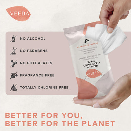 Veeda Plant-Based Feminine Wipes – pH-Balanced, Hypoallergenic & Biodegradable Wipes for Sensitive Skin, Fragrance-Free Travel Sized Wipes – 120 Count