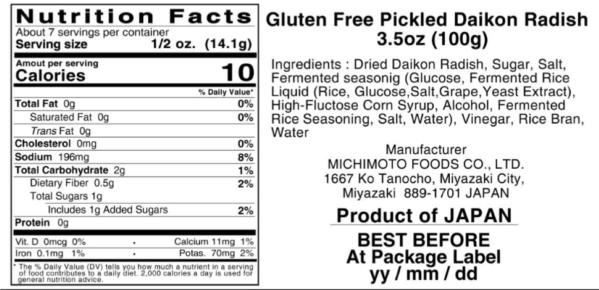 MICHIMOTO FOODS Traditional Daikon Radish 3.5 oz (100 g) x 3packs, Crunchy & Crisp, Japanese Fermented Pickles, Gluten-Free, MSG-Free