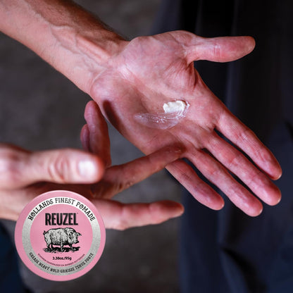 REUZEL Pink Grease Pomade, Strong All Day Hold, Oil-Based Styling Wax, Medium Shine, Easy To Wash Out, For All Hair Types