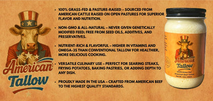American Tallow, 100% Grass-Fed, Pasture-Raised, Non-GMO Beef Tallow, Premium Cooking Oil & Seed Oil Alternative, Healthy Traditional Fat,14 oz Glass Jar, Made in USA