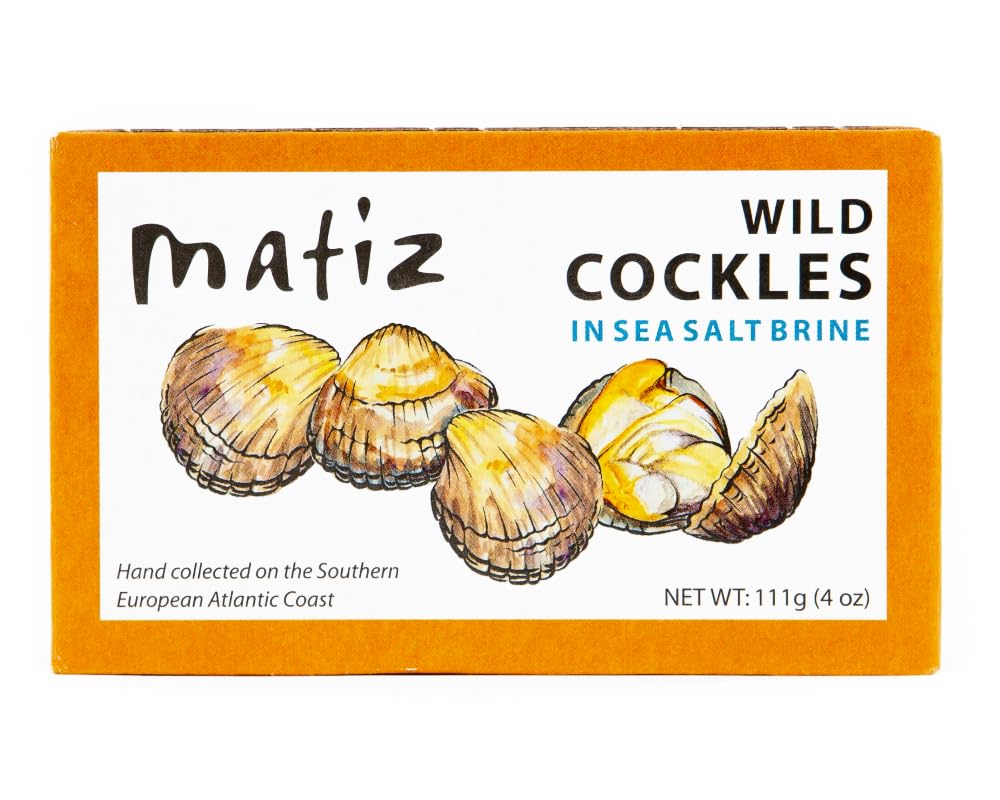 Matiz España Wild Cockles from Galicia, Spain in Natural Sea Salt Brine (4 oz.) Spanish Berberechos, Small Clams, Hand Packed, Size 45/55 (Pack of 1)