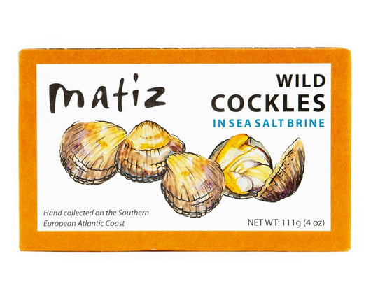Matiz España Wild Cockles from Galicia, Spain in Natural Sea Salt Brine (4 oz.) Spanish Berberechos, Small Clams, Hand Packed, Size 45/55 (Pack of 1)