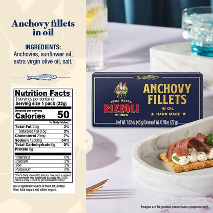 MANGIAR BENE RIZZOLI | Anchovy Fillets in Olive | Hand Made | MSC-Certified Sustainable Seafood, High Protein, Gluten Free | 1.62 Ounce (46 Gr.) (Pack of 1)