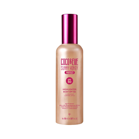 Coco & Eve Body Highlighter SPF 50 – Shimmer Sunscreen, Broad Spectrum Sun Protection, Lightweight Serum-Like Lotion with Pearlescent Minerals & Vitamin E for Hydrated & Glowing Skin, 5.07 Fl Oz