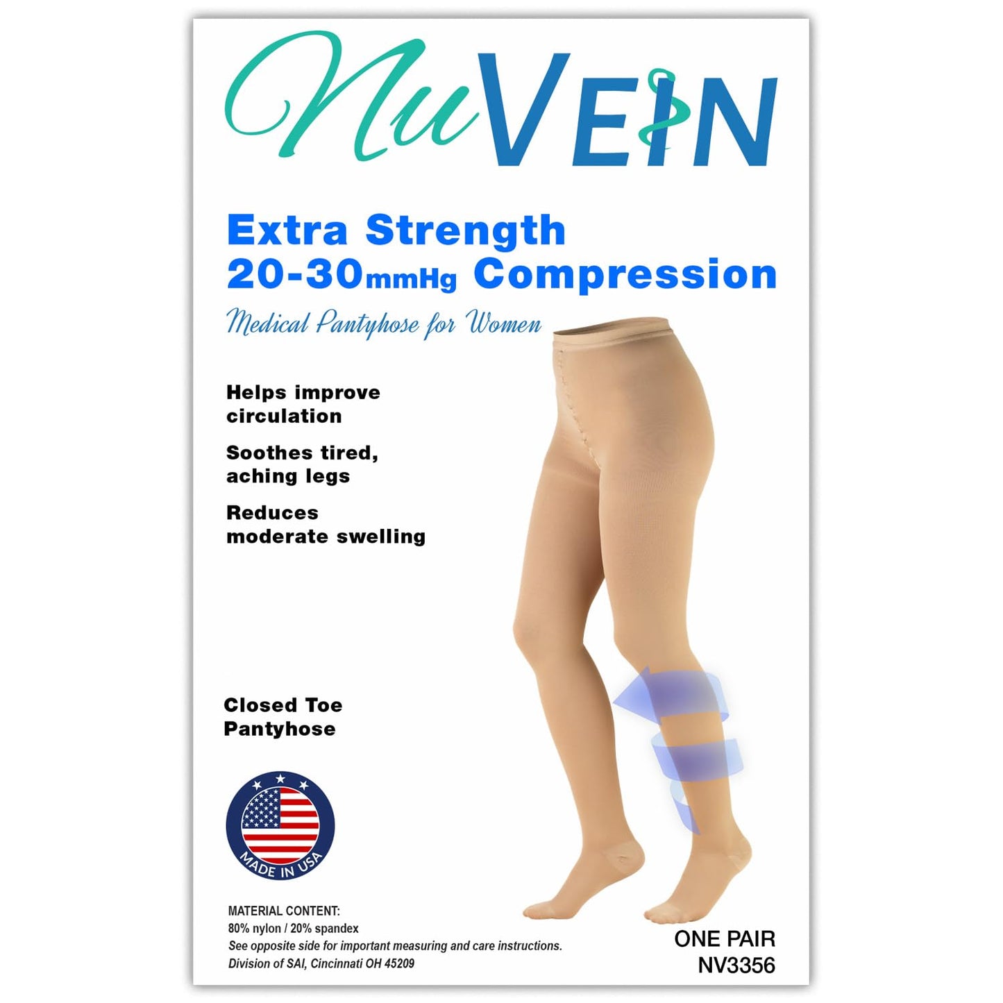 NuVein Medical Compression Pantyhose, 20-30 mmHg Support, Opaque, Beige, Petite