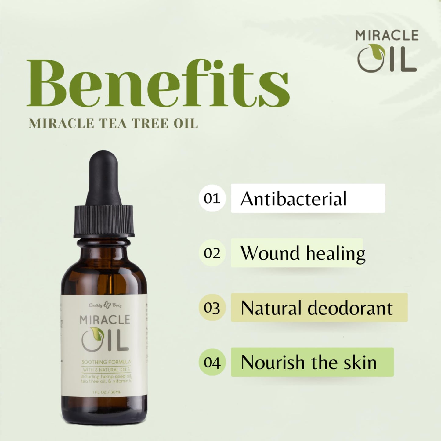 Earthly Body Miracle Oil, 1 fl. oz. - 100% Natural Tea Tree Oil, Hemp Seed Oil & Vitamin E - Moisturizer, Calms Skin Irritations, Helps Smooth Wrinkles - Gluten Free, 100% Vegan