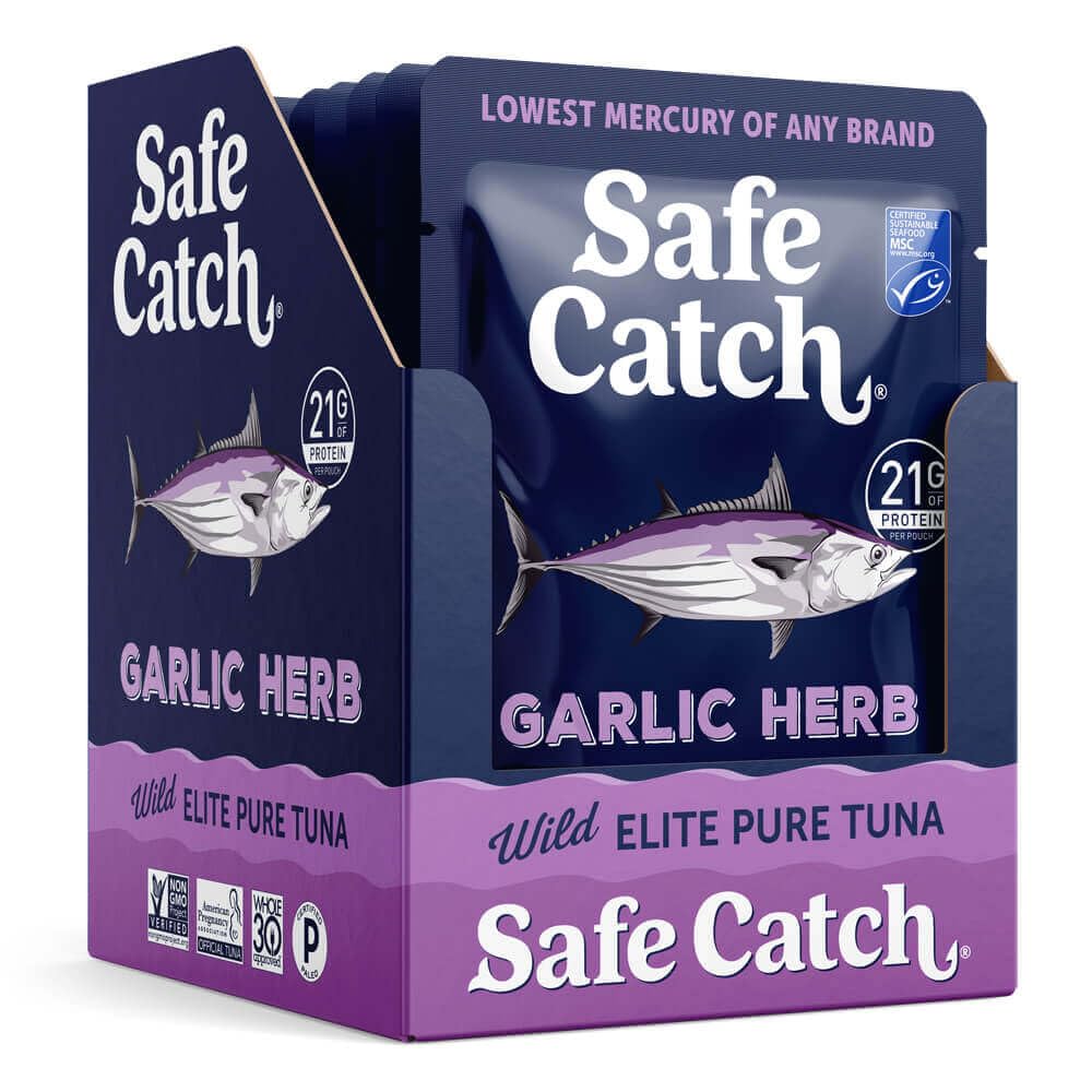 Safe Catch Elite Lowest Mercury Wild-Caught Tuna Fish Pouch, Garlic Herb Flavor, Gluten-Free, Paleo, Non-GMO, High Protein, Keto Food, 2.6oz, Pack of 12