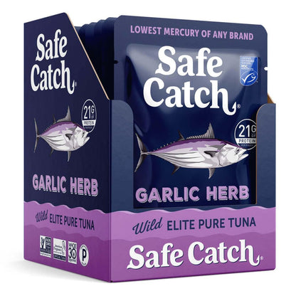 Safe Catch Elite Lowest Mercury Wild-Caught Tuna Fish Pouch, Garlic Herb Flavor, Gluten-Free, Paleo, Non-GMO, High Protein, Keto Food, 2.6oz, Pack of 12